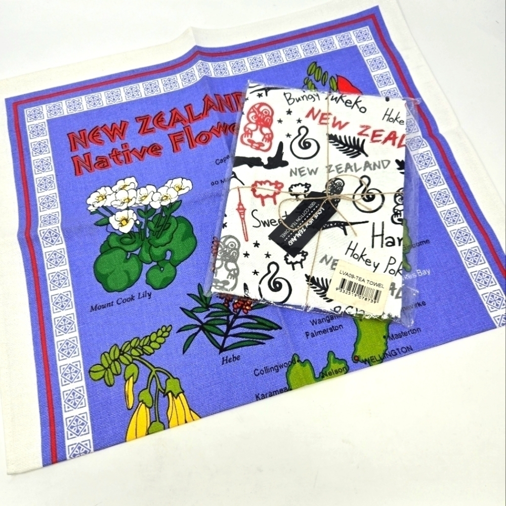 NWT NEW ZEALAND COTTON KITCHEN TOWEL SET OF 2 NATIVE FLOWERS DISH TOWELS DECOR